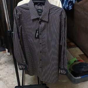 Black and Tan Casual Button Down Shirt with Pinstripe And Embroidered Cuffs